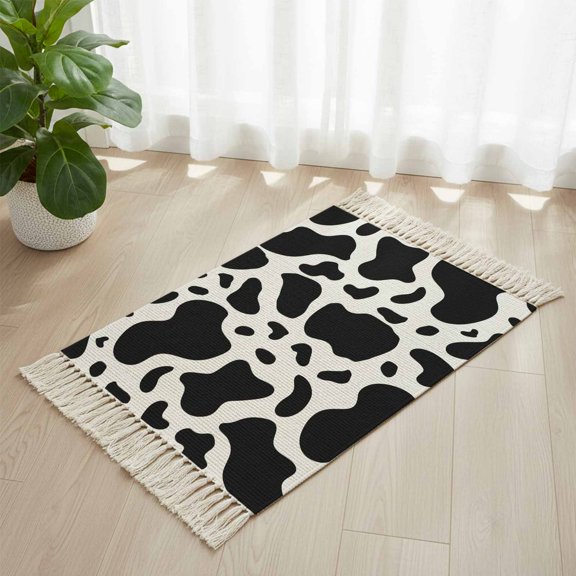 Area Rug with Tassels 2' x 3', Abstract Dairy Cattle Cow Skin Texture Kitchen Runner Rug for Hallway Bedroom Throw Rugs, Black and White Animal Print Soft Door Mat for Bathroom Entrance Living Room