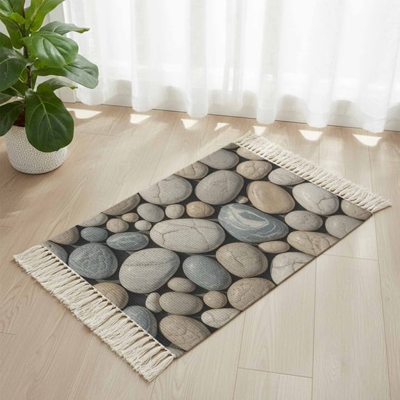 Area Rug with Tassels 2' x 3', Abstract Natural Grey Cobblestone Kitchen Runner Rug for Hallway Bedroom Throw Rugs, Modern Grey Pebble Stone Soft Door Mat for Bathroom Entrance Living Room