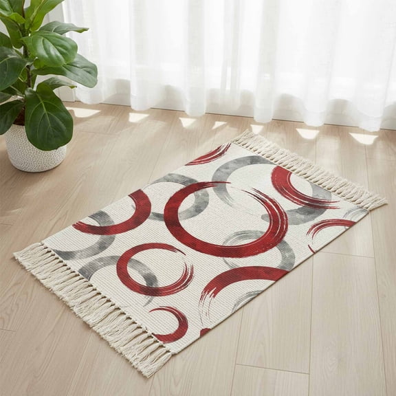 Area Rug with Tassels 2' x 3', Abstract Red Gray Circle Kitchen Runner Rug for Hallway Bedroom Throw Rugs, Retro Geometric Texture Soft Door Mat for Bathroom Entrance Living Room