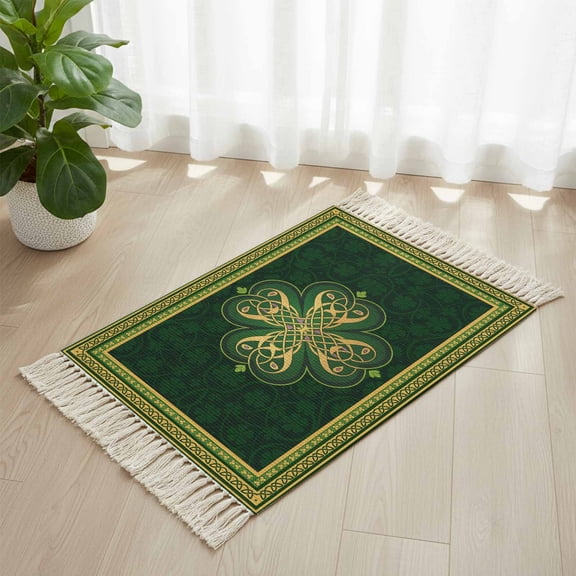 Area Rug with Tassels 2' x 3', Abstract Shamrock Celtic Knot Kitchen Runner Rug for Hallway Bedroom Throw Rugs, St. Patrick's Day Green Theme Soft Door Mat for Bathroom Entrance Living Room