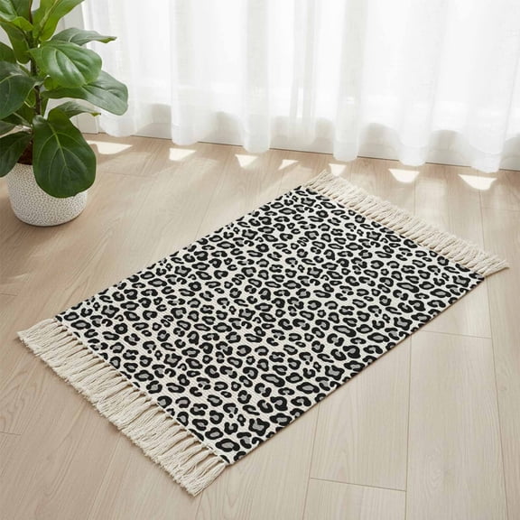 Area Rug with Tassels 2' x 3', Abstract White Black Leopard Kitchen Runner Rug for Hallway Bedroom Throw Rugs, Animal Skin Print Soft Door Mat for Bathroom Entrance Living Room