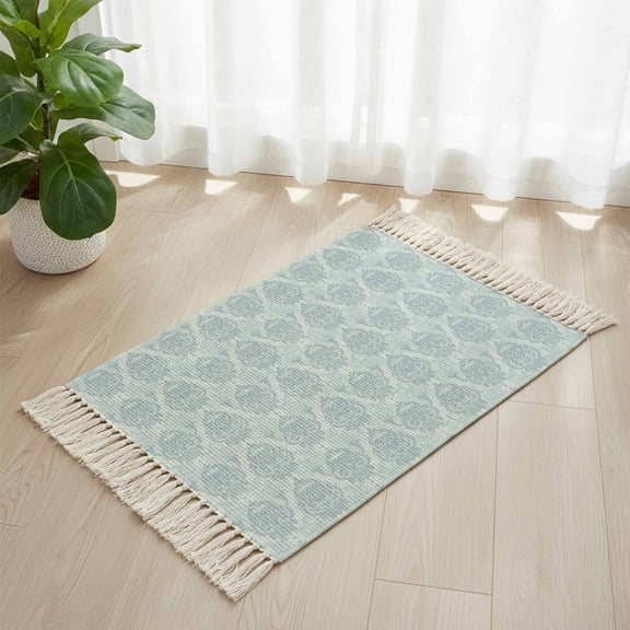 Area Rug with Tassels 2' x 3', Baroque Blue Floral Pattern Kitchen Runner Rug for Hallway Bedroom Throw Rugs, Mid Century Exquisite Flower Soft Door Mat for Bathroom Entrance Living Room