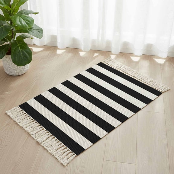 Area Rug with Tassels 2' x 3', Black And White Stripes Kitchen Runner Rug for Hallway Bedroom Throw Rugs, Modern Minimalism Art Soft Door Mat for Bathroom Entrance Living Room