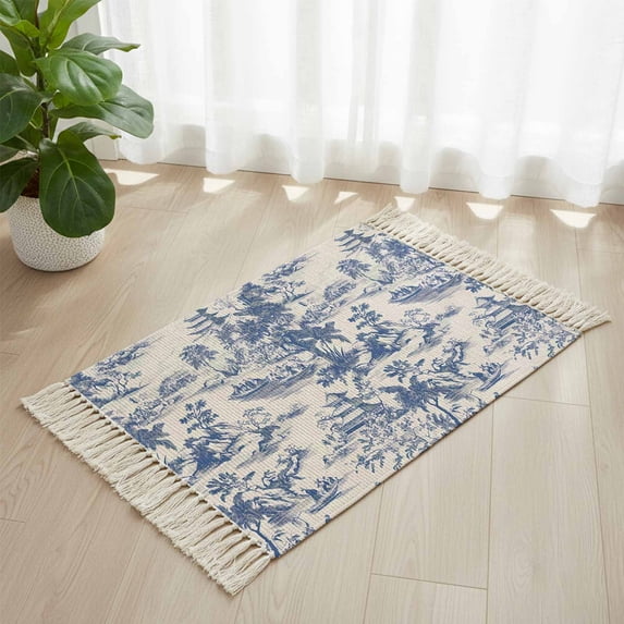 Area Rug with Tassels 2' x 3', Blue Chinoiserie Garden Pavilion Kitchen Runner Rug for Hallway Bedroom Throw Rugs, Asian Scenic Hill Boat Plant Soft Door Mat for Bathroom Entrance Living Room