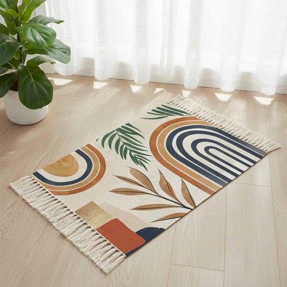 Area Rug with Tassels 2' x 3', Boho Arch Sun Tropical Leaves Kitchen Runner Rug for Hallway Bedroom Throw Rugs, Terracotta Aesthetic Nordic Style Soft Door Mat for Bathroom Entrance Living Room