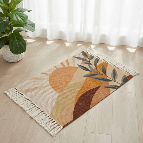 Area Rug with Tassels 2' x 3', Boho Sun Mountains Abstract Leaves Kitchen Runner Rug for Hallway Bedroom Throw Rugs, Mid Century Retro Style Soft Door Mat for Bathroom Entrance Living Room
