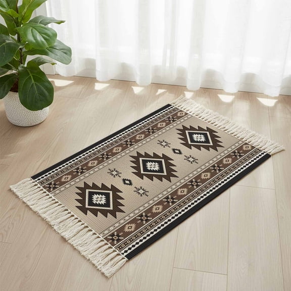 Area Rug with Tassels 2' x 3', Brown Aztec Ethnic Style Kitchen Runner Rug for Hallway Bedroom Throw Rugs, Retro Bohemian Stripes Soft Door Mat for Bathroom Entrance Living Room