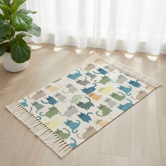 Area Rug with Tassels 2' x 3', Cartoon Cat Seamless Kitchen Runner Rug for Hallway Bedroom Throw Rugs, Funny Animal on White Soft Door Mat for Bathroom Entrance Living Room
