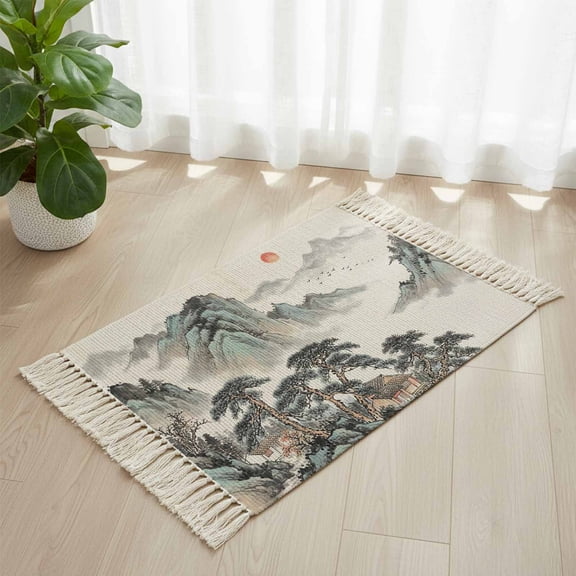 Area Rug with Tassels 2' x 3', Chinese Mountains Trees Sun Sailboats Kitchen Runner Rug for Hallway Bedroom Throw Rugs, Abstract Art Soft Door Mat for Bathroom Entrance Living Room