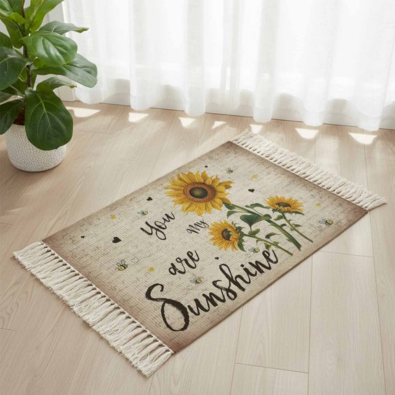 Area Rug with Tassels 2' x 3', Country Sunflower Bee Sunshine Quote Kitchen Runner Rug for Hallway Bedroom Throw Rugs, Vintage Letter Soft Door Mat for Bathroom Entrance Living Room