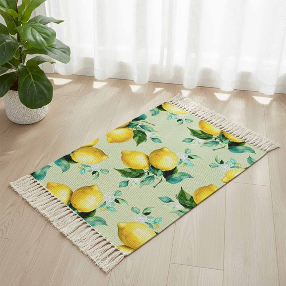 Area Rug with Tassels 2' x 3', Country Yellow Lemon Green Leaf Kitchen Runner Rug for Hallway Bedroom Throw Rugs, Farmhouse Fruit Leaves Soft Door Mat for Bathroom Entrance Living Room