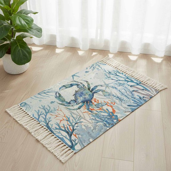 Area Rug with Tassels 2' x 3', Crab Ocean Coral Starfish Kitchen Runner Rug for Hallway Bedroom Throw Rugs, Blue Underwater World Soft Door Mat for Bathroom Entrance Living Room
