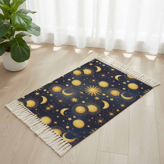 Area Rug with Tassels 2' x 3', Fantasy Galaxy Moon Sun Kitchen Runner Rug for Hallway Bedroom Throw Rugs, Cartoon Starry Night Soft Door Mat for Bathroom Entrance Living Room