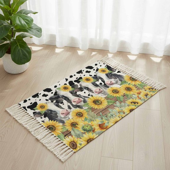 Area Rug with Tassels 2' x 3', Farm Blossom Sunflower Cow Kitchen Runner Rug for Hallway Bedroom Throw Rugs, Abstract Animal Skin Texture Soft Door Mat for Bathroom Entrance Living Room