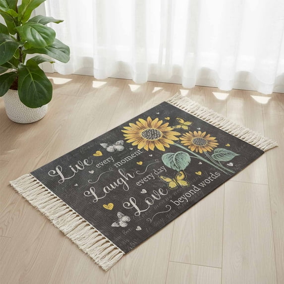 Area Rug with Tassels 2' x 3', Farm Sunflower Butterfly Love Heart Kitchen Runner Rug for Hallway Bedroom Throw Rugs, Vintage Gray Gradient Soft Door Mat for Bathroom Entrance Living Room