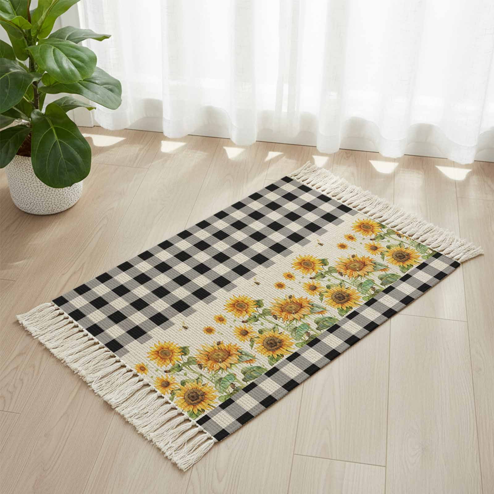 Area Rug with Tassels 2' x 3', Farm Sunflower Plant Retro Black Check ...
