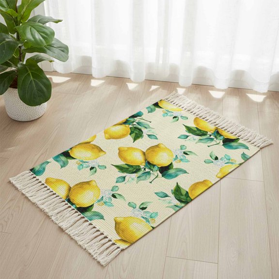 Area Rug with Tassels 2' x 3', Farmhouse Lemon Leaf Kitchen Runner Rug for Hallway Bedroom Throw Rugs, Rustic Yellow Fruit Green Leaves Soft Door Mat for Bathroom Entrance Living Room