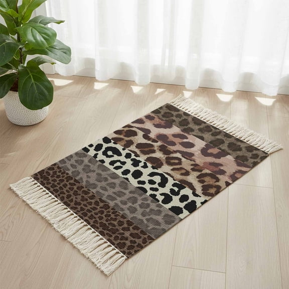 Area Rug with Tassels 2' x 3', Farmhouse Leopard Texture Kitchen Runner Rug for Hallway Bedroom Throw Rugs, Country Animal Printed Soft Door Mat for Bathroom Entrance Living Room