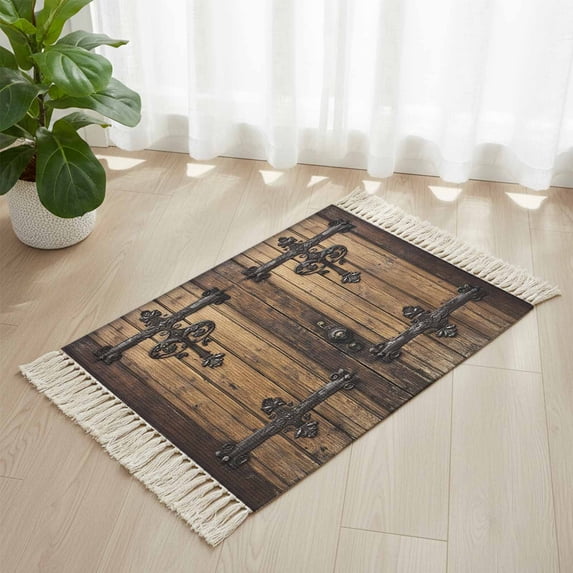 Area Rug with Tassels 2' x 3', Farmhouse Vintage Wood Board Kitchen Runner Rug for Hallway Bedroom Throw Rugs, Brown Wooden Soft Door Mat for Bathroom Entrance Living Room