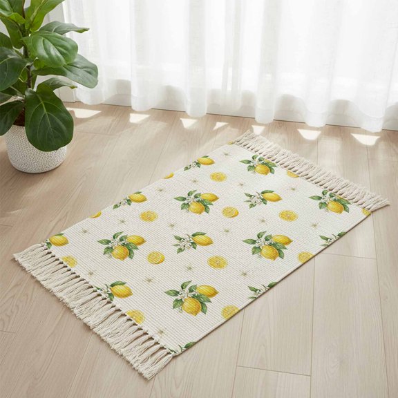Area Rug with Tassels 2' x 3', Farmhouse Yellow Lemon Kitchen Runner Rug for Hallway Bedroom Throw Rugs, Summer Flower Leaf Fruit Soft Door Mat for Bathroom Entrance Living Room