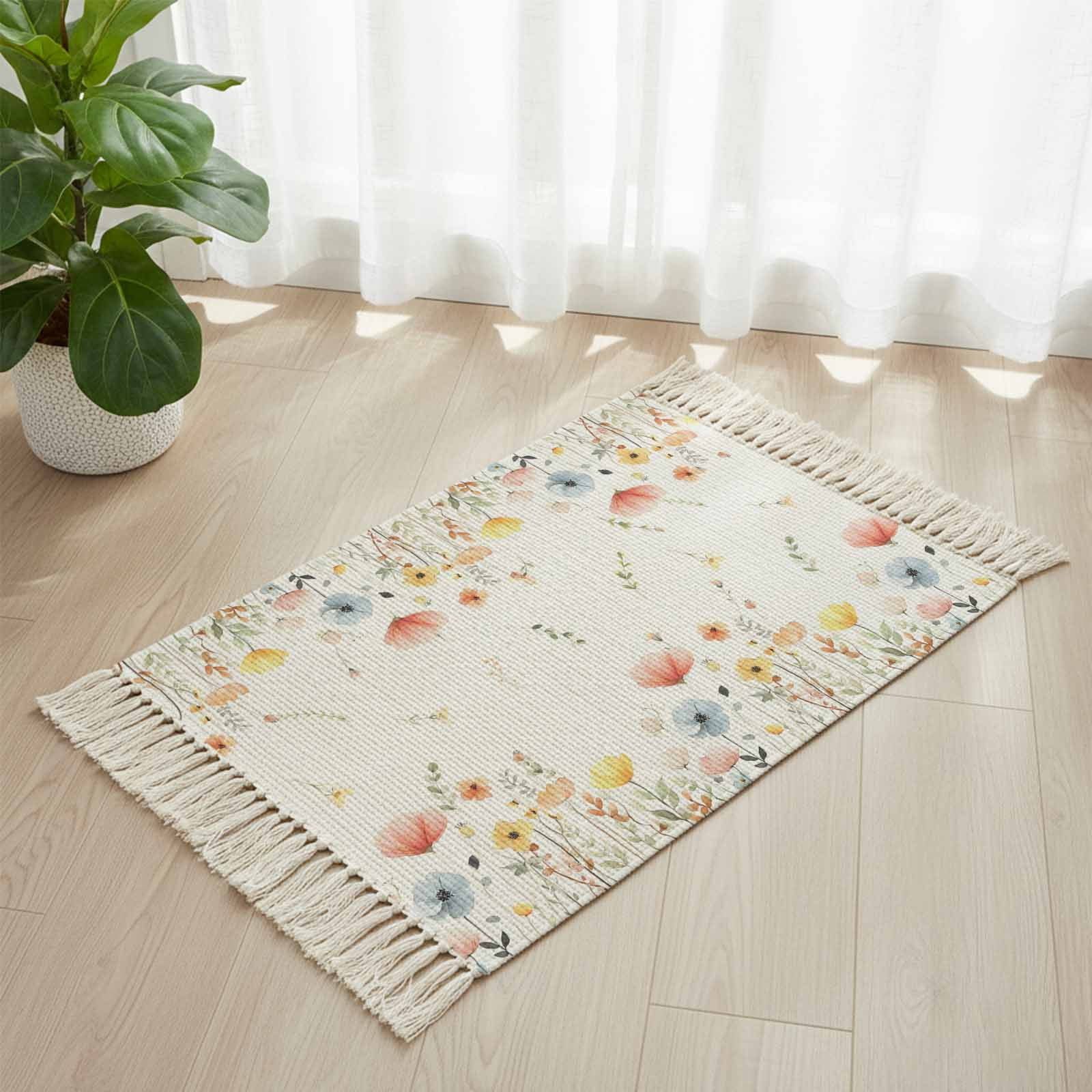Poppy Kitchen Rug Area Rug with Tassels 2' x 3', Farms Pink Blue Poppy Flowers Kitchen ...