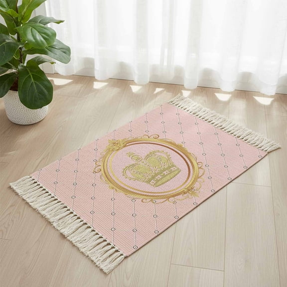 Area Rug with Tassels 2' x 3', Golden Crown Queen Pink Lattice Kitchen Runner Rug for Hallway Bedroom Throw Rugs, White Dot Soft Door Mat for Bathroom Entrance Living Room
