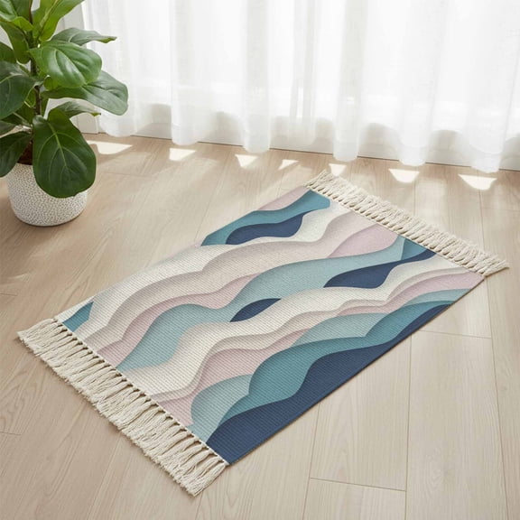 Area Rug with Tassels 2' x 3', Gradient Abstract Ocean Waves Kitchen Runner Rug for Hallway Bedroom Throw Rugs, Blue Pink White Wave Line Soft Door Mat for Bathroom Entrance Living Room
