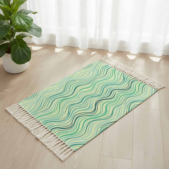 Area Rug with Tassels 2' x 3', Gradient Green Ocean Waves Kitchen Runner Rug for Hallway Bedroom Throw Rugs, Abstract Geometric Arrt Soft Door Mat for Bathroom Entrance Living Room