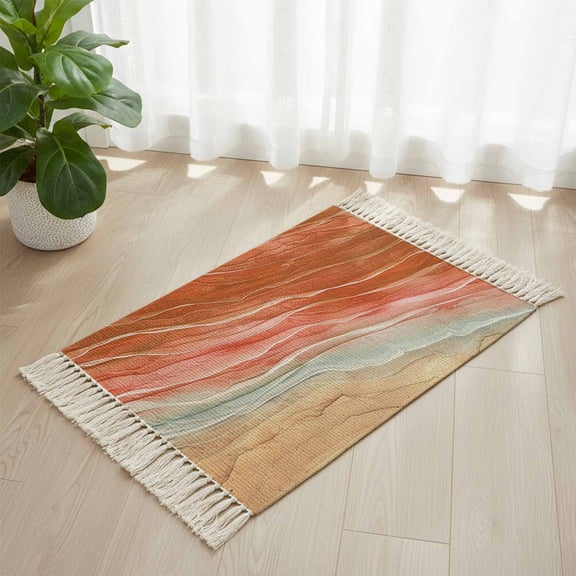 Area Rug with Tassels 2' x 3', Gradient Orange Ocean Beach Wave Kitchen Runner Rug for Hallway Bedroom Throw Rugs, Abstract Seaside Sea View Artwork Soft Door Mat for Bathroom Entrance Living Room
