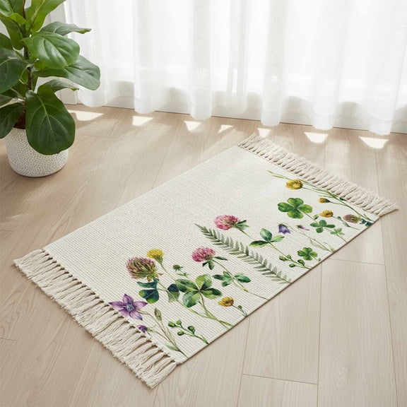 Area Rug with Tassels 2' x 3', Green Clovers Leaves Flower St. Patrick's Day Kitchen Runner Rug for Hallway Bedroom Throw Rugs, Irish Shamrock Floral Soft Door Mat for Bathroom Entrance Living Room