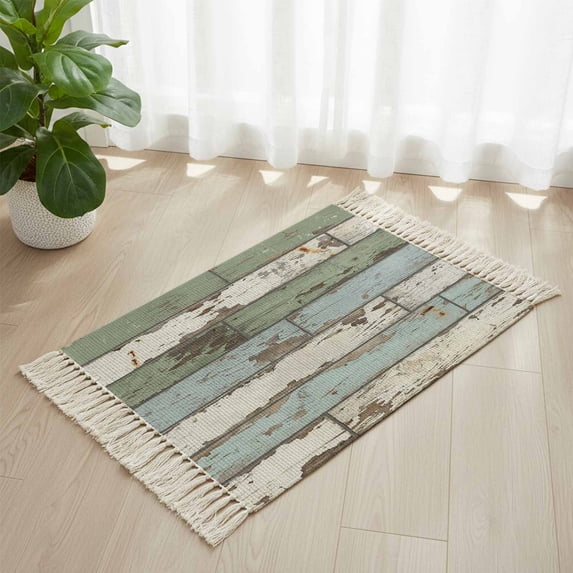 Area Rug with Tassels 2' x 3', Green Wooden Plank Vintage Kitchen Runner Rug for Hallway Bedroom Throw Rugs, Country Wood Grain Soft Door Mat for Bathroom Entrance Living Room