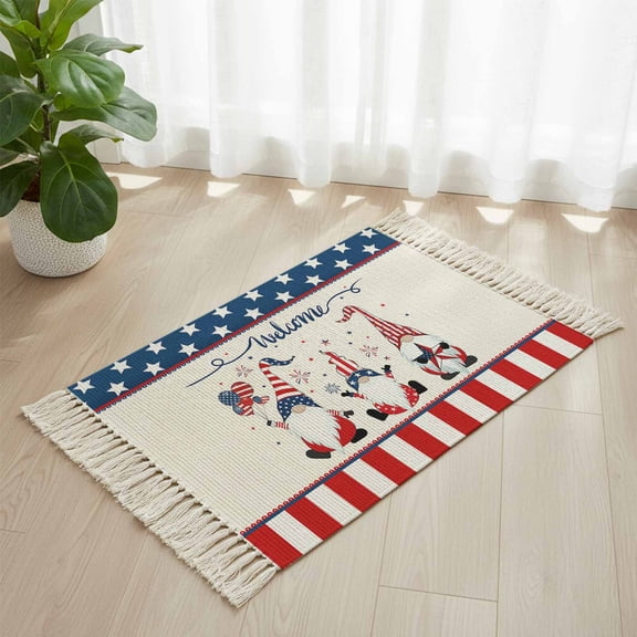 Area Rug with Tassels 2' x 3', Happy Independence Day Funny Gnome Kitchen Runner Rug for Hallway Bedroom Throw Rugs, Stars and Stripes Soft Door Mat for Bathroom Entrance Living Room
