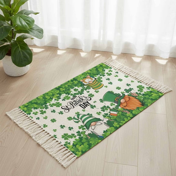 Area Rug with Tassels 2' x 3', Happy St. Patrick's Day Clovers Gnome with Hat Kitchen Runner Rug for Hallway Bedroom Throw Rugs, Green Plants on White Soft Door Mat for Bathroom Entrance Living Room