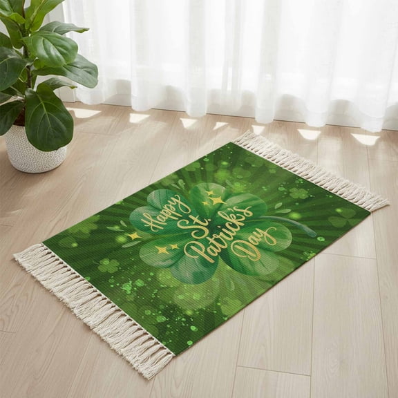 Area Rug with Tassels 2' x 3', Happy St. Patrick's Day Green Clovers Leaves Kitchen Runner Rug for Hallway Bedroom Throw Rugs, Gold Text on Irish Leaf Soft Door Mat for Bathroom Entrance Living Room