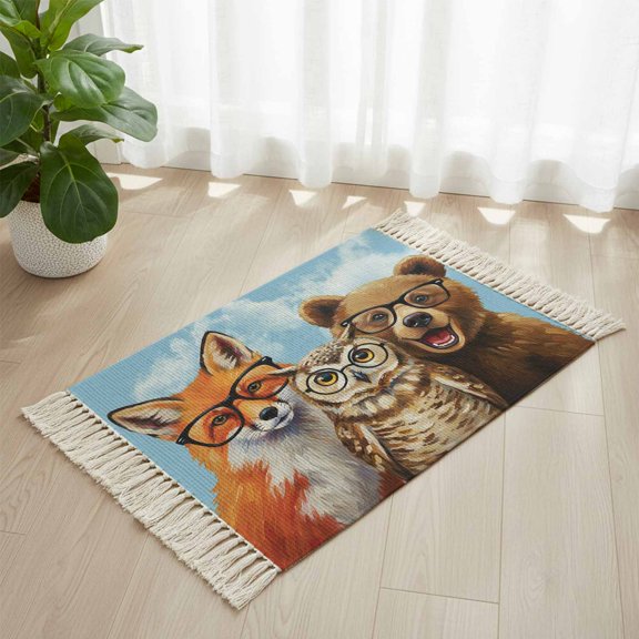 Area Rug with Tassels 2' x 3', Hipster Fox Owl Kitchen Runner Rug for Hallway Bedroom Throw Rugs, Bear with Glasses Abstract Animal Art Soft Door Mat for Bathroom Entrance Living Room