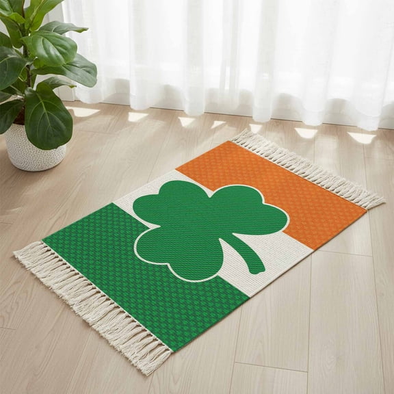 Area Rug with Tassels 2' x 3', Irish Flag St. Patrick's Clovers Kitchen Runner Rug for Hallway Bedroom Throw Rugs, Lucky Green Leaves Soft Door Mat for Bathroom Entrance Living Room