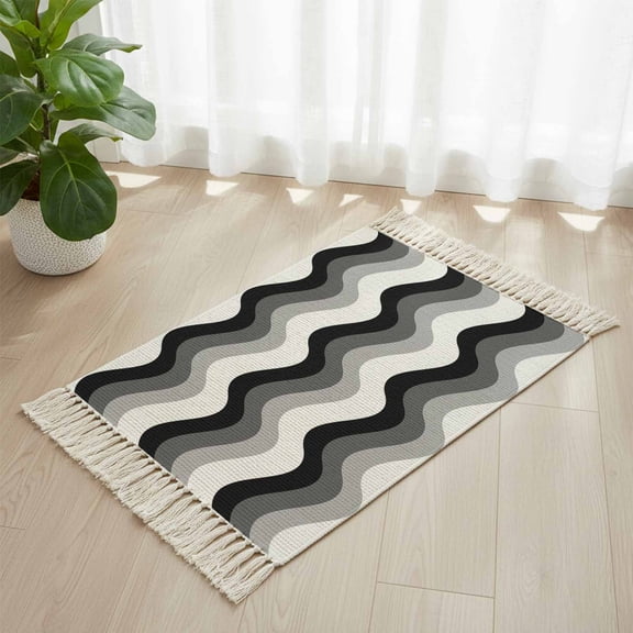 Area Rug with Tassels 2' x 3', Modern Black Grey Waves Kitchen Runner Rug for Hallway Bedroom Throw Rugs, Abstract Minimalist Art Soft Door Mat for Bathroom Entrance Living Room