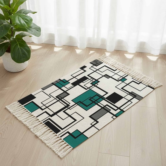 Area Rug with Tassels 2' x 3', Modern Cube Geometric Abstract Art Kitchen Runner Rug for Hallway Bedroom Throw Rugs, Green Gray Color Contrast Soft Door Mat for Bathroom Entrance Living Room