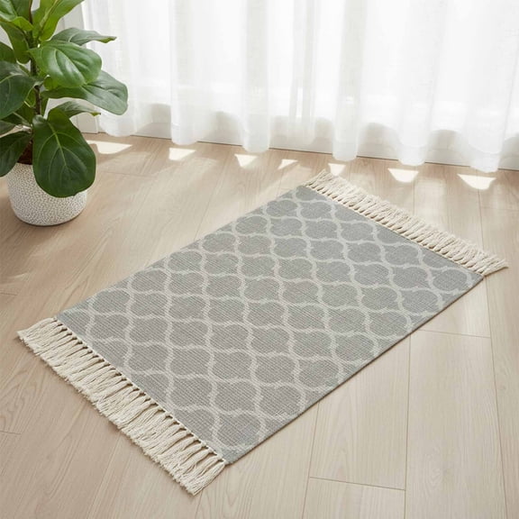 Area Rug with Tassels 2' x 3', Moroccan Geometric Pattern Kitchen Runner Rug for Hallway Bedroom Throw Rugs, Country Vintage Linen Texture Soft Door Mat for Bathroom Entrance Living Room