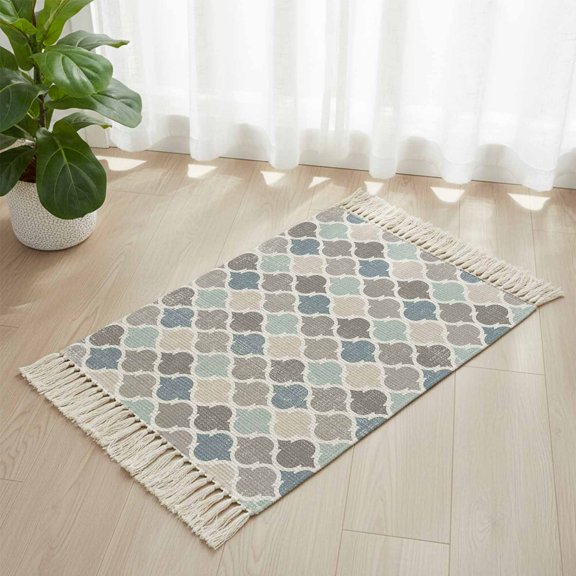 Area Rug with Tassels 2' x 3', Moroccan Lattice Texture Kitchen Runner Rug for Hallway Bedroom Throw Rugs, Blue Grey Retro Geometric Art Soft Door Mat for Bathroom Entrance Living Room