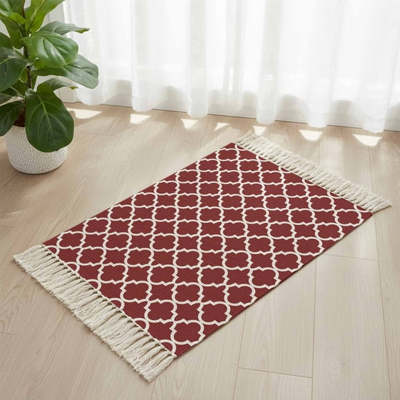 Area Rug with Tassels 2' x 3', Morocco Ethnic Pattern Kitchen Runner Rug for Hallway Bedroom Throw Rugs, Modern Geometric on Burgundy Red Soft Door Mat for Bathroom Entrance Living Room