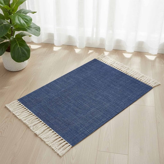 Area Rug with Tassels 2' x 3', Navy Blue Retro Linen Kitchen Runner Rug for Hallway Bedroom Throw Rugs, Solid Color Soft Door Mat for Bathroom Entrance Living Room