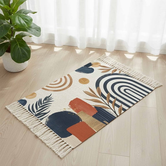 Area Rug with Tassels 2' x 3', Nordic Abstract Leaves Arch Sun Kitchen Runner Rug for Hallway Bedroom Throw Rugs, Terracotta Aesthetic Color Block Soft Door Mat for Bathroom Entrance Living Room