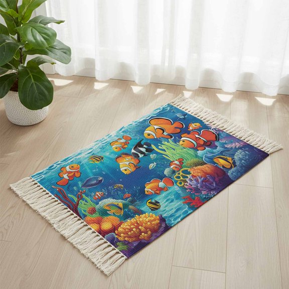 Area Rug with Tassels 2' x 3', Ocean Fish Coral Seaweed Cartoon Style Kitchen Runner Rug for Hallway Bedroom Throw Rugs, Blue Underwater World Soft Door Mat for Bathroom Entrance Living Room