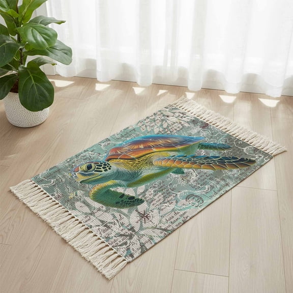 Area Rug with Tassels 2' x 3', Ocean Sea Turtle Nautical Map Kitchen Runner Rug for Hallway Bedroom Throw Rugs, Underwater Marine Life Soft Door Mat for Bathroom Entrance Living Room