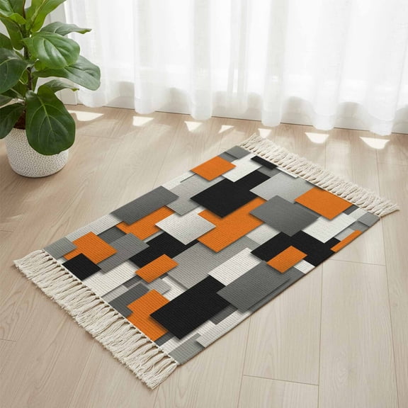 Area Rug with Tassels 2' x 3', Orange Color Block Geometric Kitchen Runner Rug for Hallway Bedroom Throw Rugs, Abstract Gradient Art Soft Door Mat for Bathroom Entrance Living Room