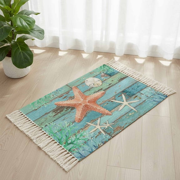 Area Rug with Tassels 2' x 3', Orange Starfish Summer Ocean Kitchen Runner Rug for Hallway Bedroom Throw Rugs, Farmhouse Retro Plank Soft Door Mat for Bathroom Entrance Living Room