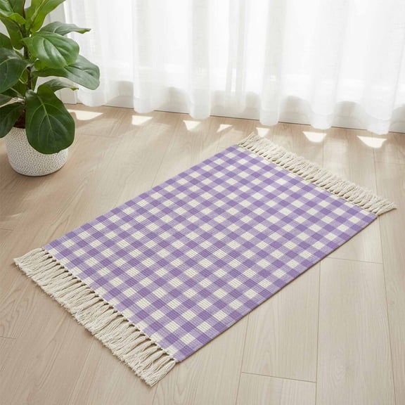Area Rug with Tassels 2' x 3', Purple White Checkered Plaid Kitchen Runner Rug for Hallway Bedroom Throw Rugs, Gradient Buffalo Check Soft Door Mat for Bathroom Entrance Living Room