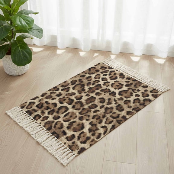 Area Rug with Tassels 2' x 3', Retro Brown Leopard Abstract Kitchen Runner Rug for Hallway Bedroom Throw Rugs, Vintage Simple Style Soft Door Mat for Bathroom Entrance Living Room