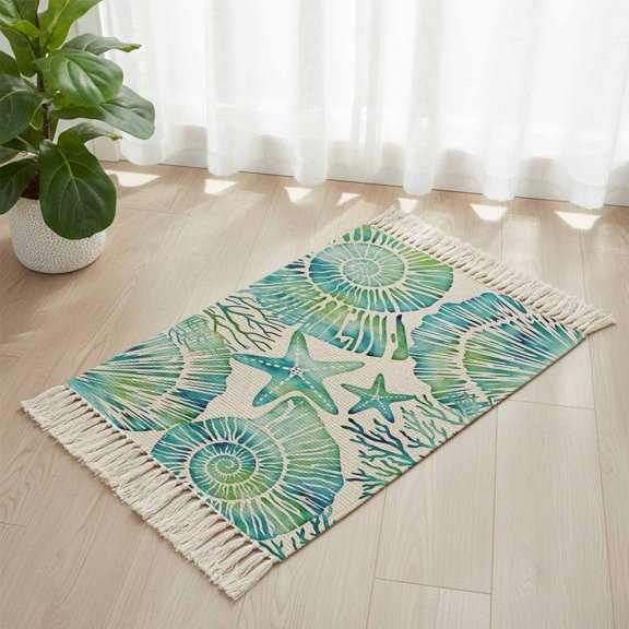 Area Rug with Tassels 2' x 3', Retro Green Seashells Starfish Corals Kitchen Runner Rug for Hallway Bedroom Throw Rugs, Underwater World Soft Door Mat for Bathroom Entrance Living Room